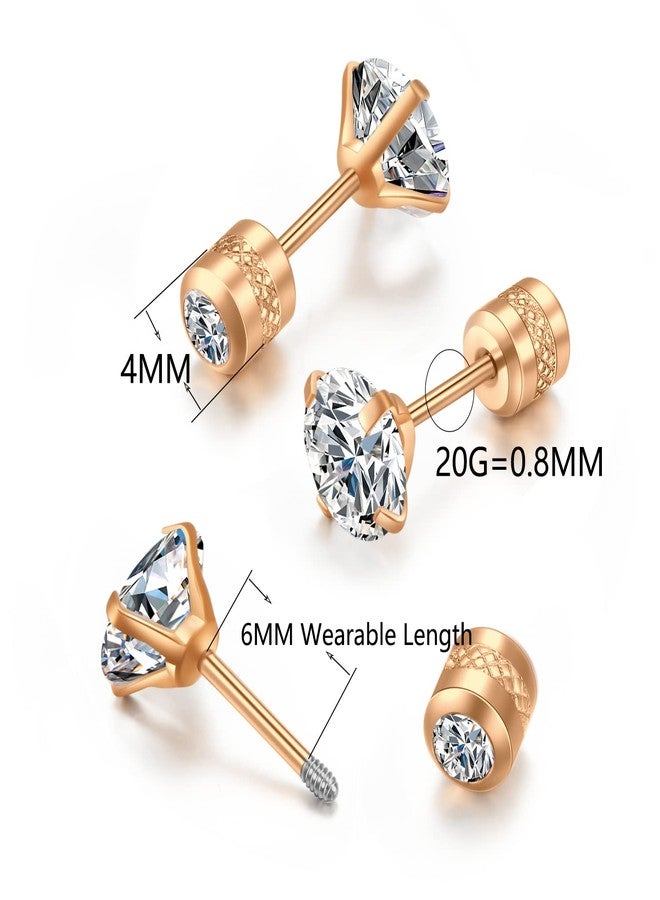 Renkovte Titanium Flat Screw Back Stud Earrings for Girls,Safety Screw on CZ Earrings Hypoallergenic Surgical Steel Cartilage Earrings (5mm CZ, Rose Gold) - Image 2