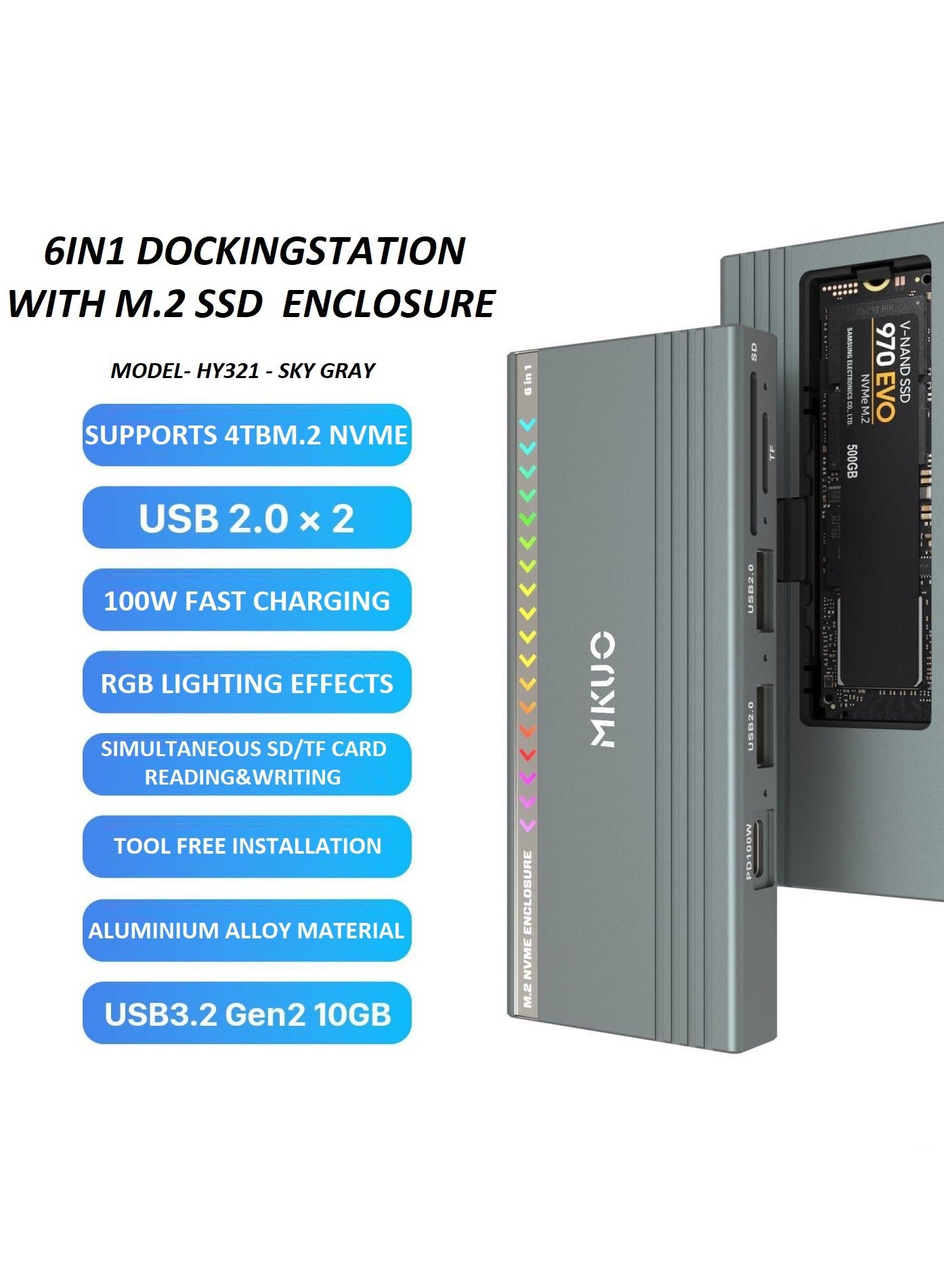 MKUO HY321 – 6-in-1 Docking Station with M.2 NVMe SSD Enclosure, 100W PD Fast Charging, USB 3.2 Gen 2, SD/TF Reader, RGB Lighting – Sky Gray