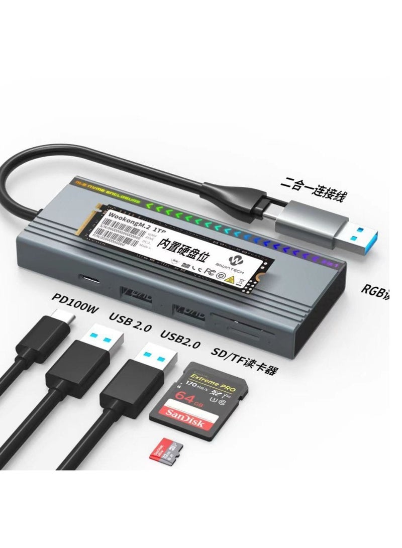 MKUO HY321 – 6-in-1 Docking Station with M.2 NVMe SSD Enclosure, 100W PD Fast Charging, USB 3.2 Gen 2, SD/TF Reader, RGB Lighting – Sky Gray  - Image 2
