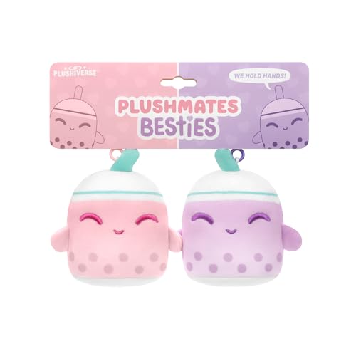 TeeTurtle Plushiverse - Plushmates Besties Keychain Set - Valentine’s Day - Cute Kawaii Pink And Purple Bobas - Novelty Clip-On Plush With Magnetic Hands - Image 1