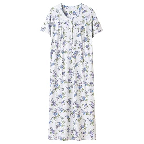 Keyocean Nightgowns for Women, Soft Cotton Lightweight Short Sleeves Ladies Sleeping-gown, Blue and Purple Floral, XX-Large(XXL) - Image 1