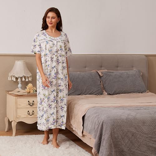 Keyocean Nightgowns for Women, Soft Cotton Lightweight Short Sleeves Ladies Sleeping-gown, Blue and Purple Floral, XX-Large(XXL) - Image 4
