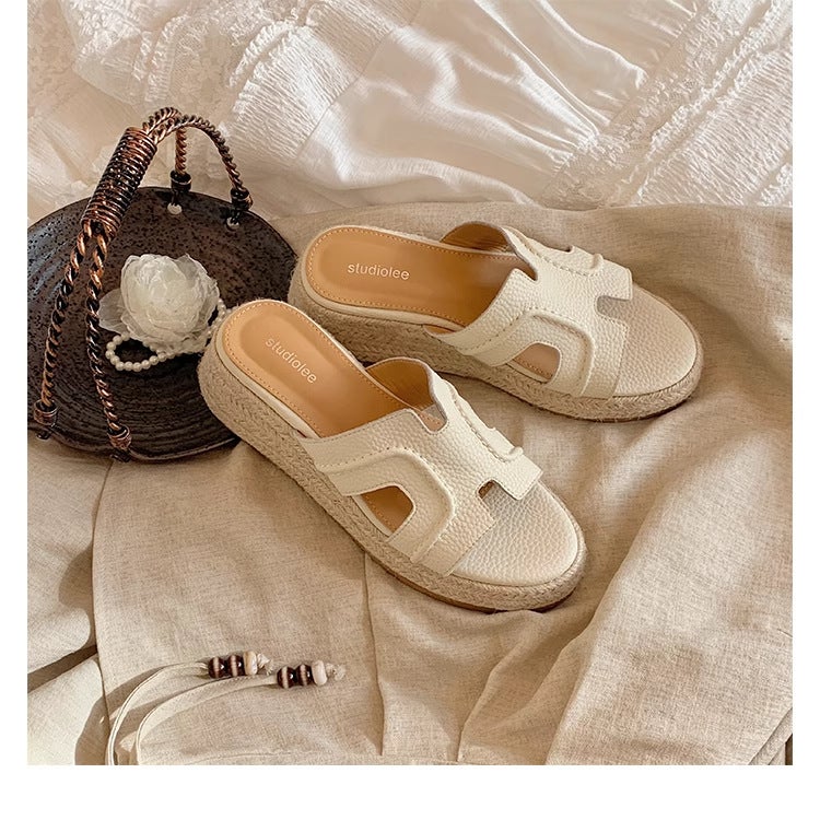 Genuine Leather Fashionable Versatile Height-Increasing 6cm Wedge Sandals to Match Skirts, Suitable for Summer and Autumn 2025, Open-Toe Straw Wedge Sandals for Outdoor Wear - Image 3