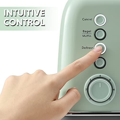 BUYDEEM DT620 2-Slice Toaster, Extra Wide Slots, Retro Stainless Steel with High Lift Lever, Bagel and Muffin Function, Removal Crumb Tray, 7-Shade Settings,Cozy Greenish - Image 4