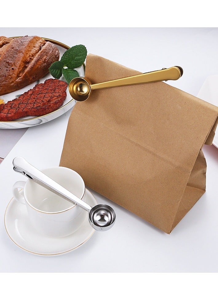 Stainless Steel Coffee Scoop & Multi-Function Food Sealing Clip Set – Silver & Gold – Measuring Spoon for Spices, Powder, and Baking – 2-in-1 Tools - Image 1