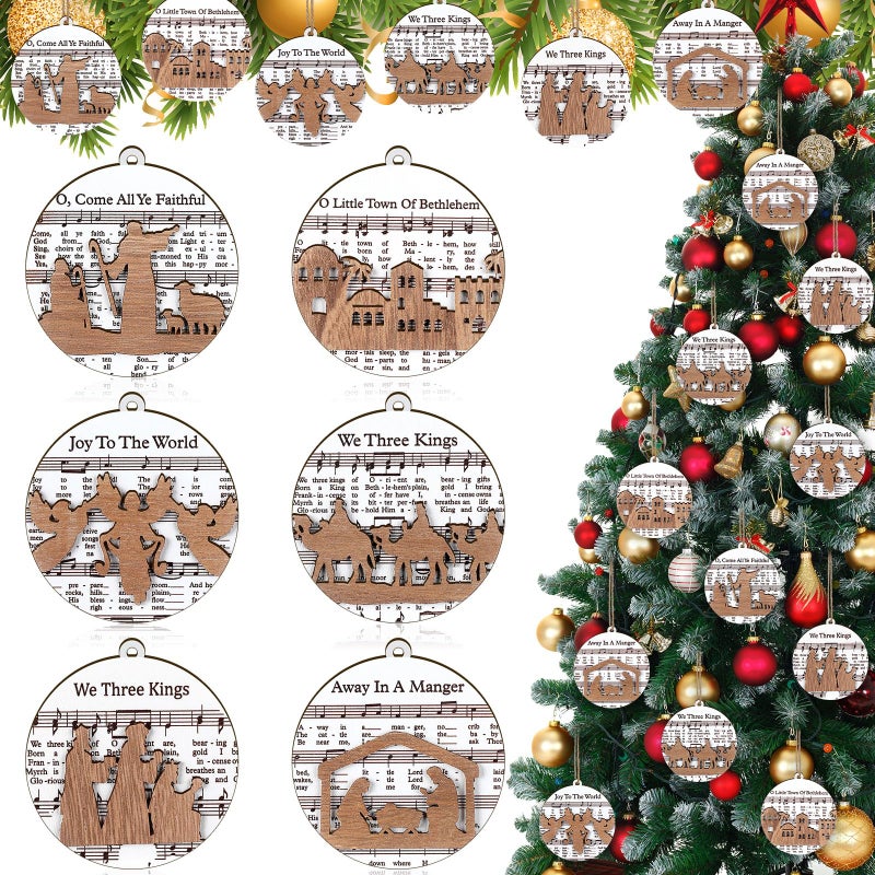 Shellwei 24 Pcs Christmas Nativity Story Wooden Ornaments Set Bulk Christian Music Sheet Nativity Ornament Nativity Scene Hanging Ornaments Xmas Tree Ornaments Religious Gift for Family(Delicate) - Image 2