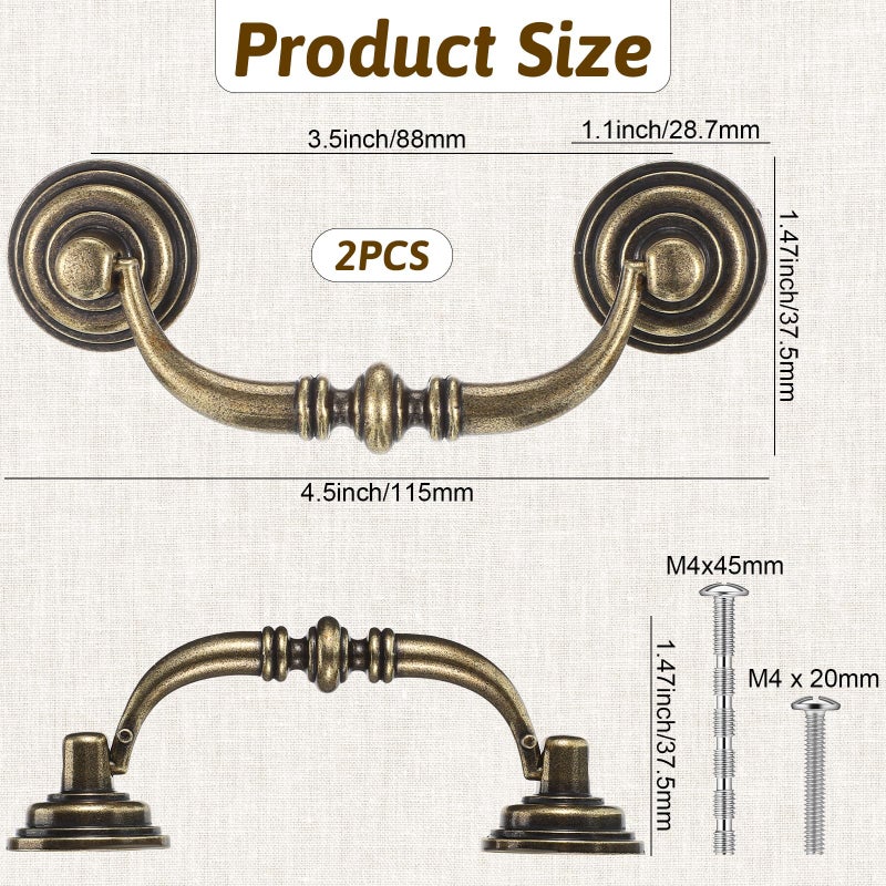Zelphvt 2 Pcs Drop Bail Vintage Drawer Pulls 3.5 Inch Hole Center Antique Dresser Handles Shabby Chic Bronze Cabinet Handles for Dressers,Cupboards, Wardrobes, and Kitchen Cabinets - Image 2
