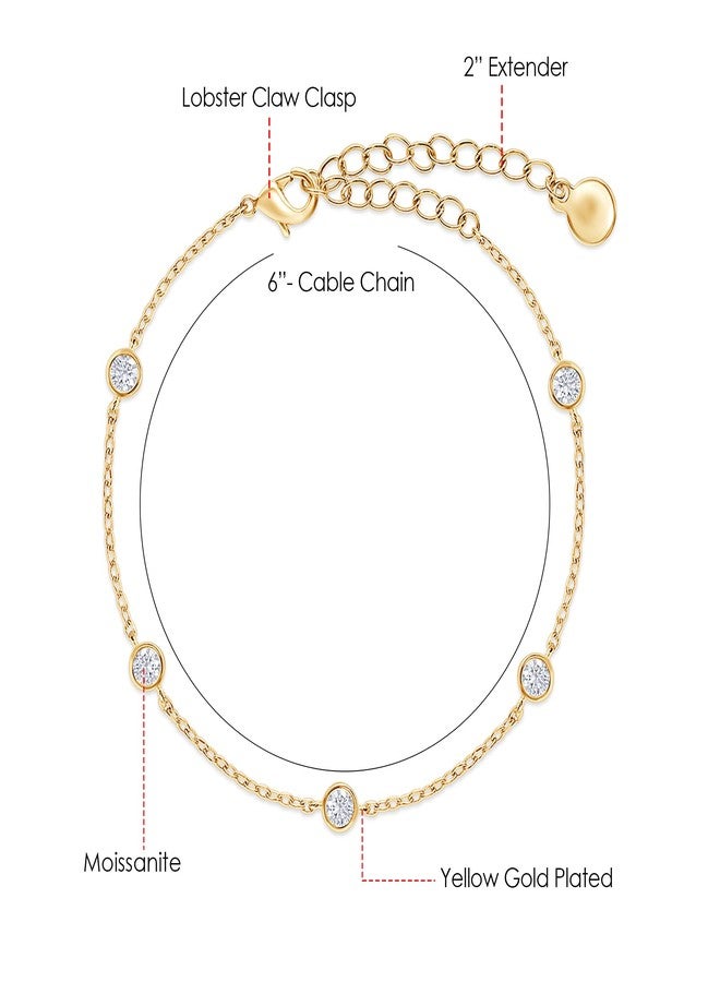 SAVEARTH DIAMONDS 18K Yellow Gold Plated Five Stone Station Link Bracelet for Women| 3MM Moissanite Classic Tennis Bracelet | Bezel-Set 6" + 2" Adjustable Chain Bracelet (0.50 Cttw) - Image 2