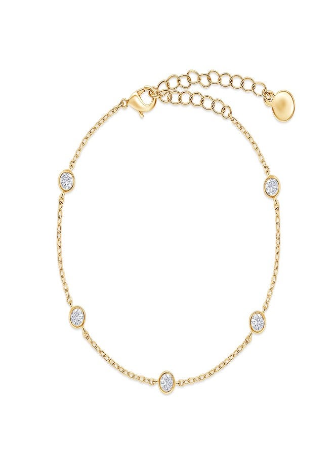 SAVEARTH DIAMONDS 18K Yellow Gold Plated Five Stone Station Link Bracelet for Women| 3MM Moissanite Classic Tennis Bracelet | Bezel-Set 6" + 2" Adjustable Chain Bracelet (0.50 Cttw) - Image 1