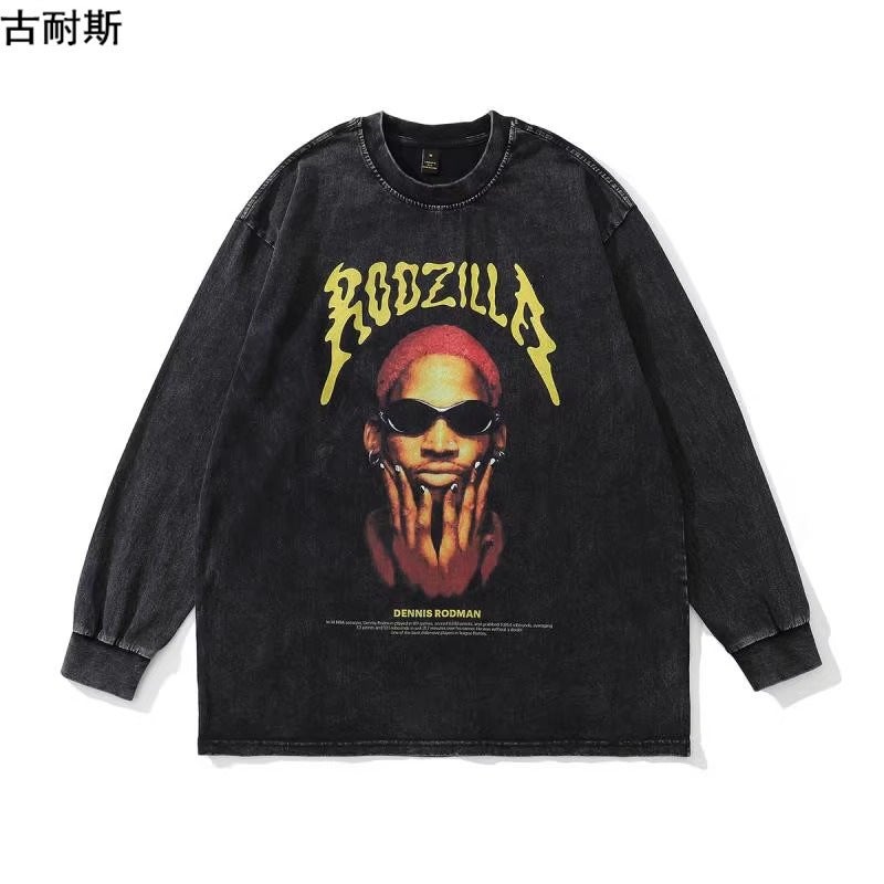 260G Retro Washed Old Couples Casual Printing Loose Long Sleeve T-Shirt Men'S Trend - Image 1