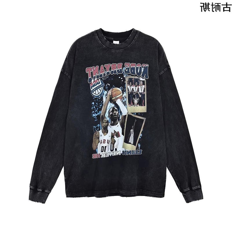 260G Retro Washed Old Couples Casual Printing Loose Long Sleeve T-Shirt Men'S Trend - Image 3