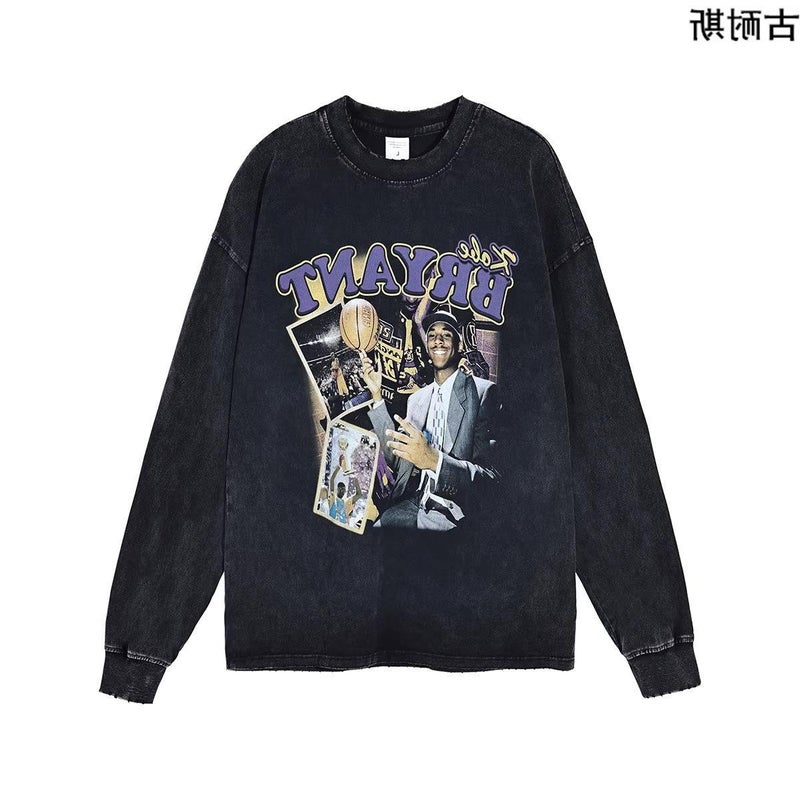 260G Retro Washed Old Couples Casual Printing Loose Long Sleeve T-Shirt Men'S Trend - Image 5