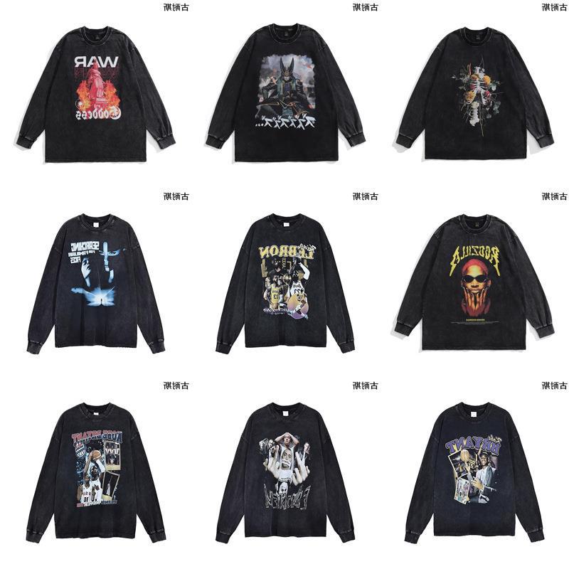 260G Retro Washed Old Couples Casual Printing Loose Long Sleeve T-Shirt Men'S Trend - Image 2
