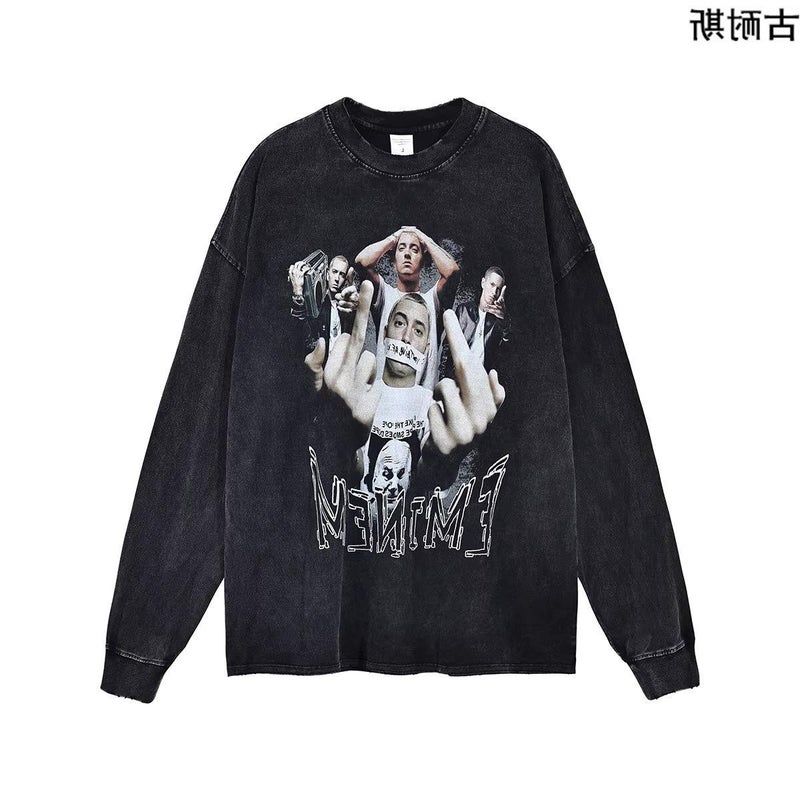 260G Retro Washed Old Couples Casual Printing Loose Long Sleeve T-Shirt Men'S Trend - Image 4