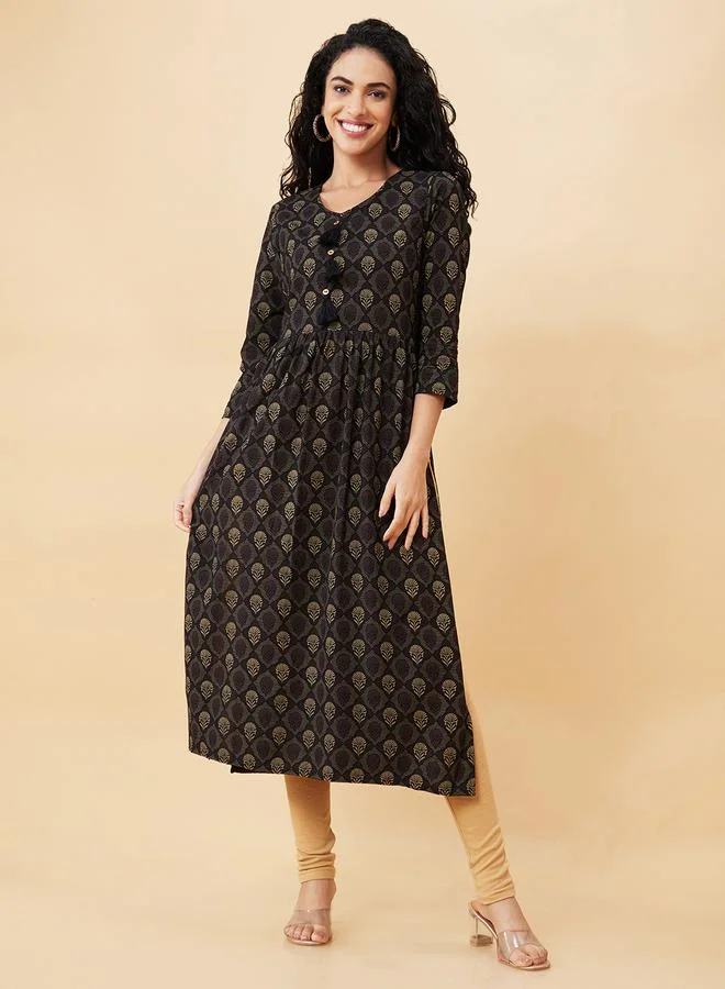 globus Globus Black Printed V Neck A-Line Kurta