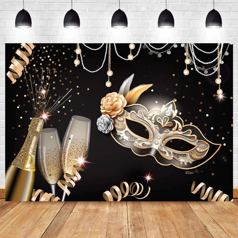 Qian Masquerade Party Backdrops Retro Gold Black Mask Carnival Birthday Photography Backdrop 7x5ft Vinyl Fiesta Dance Photo Background Champagne Glass Photo Booths Props Decorations - Image 2
