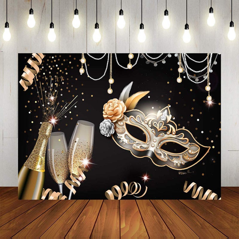 Qian Masquerade Party Backdrops Retro Gold Black Mask Carnival Birthday Photography Backdrop 7x5ft Vinyl Fiesta Dance Photo Background Champagne Glass Photo Booths Props Decorations - Image 1