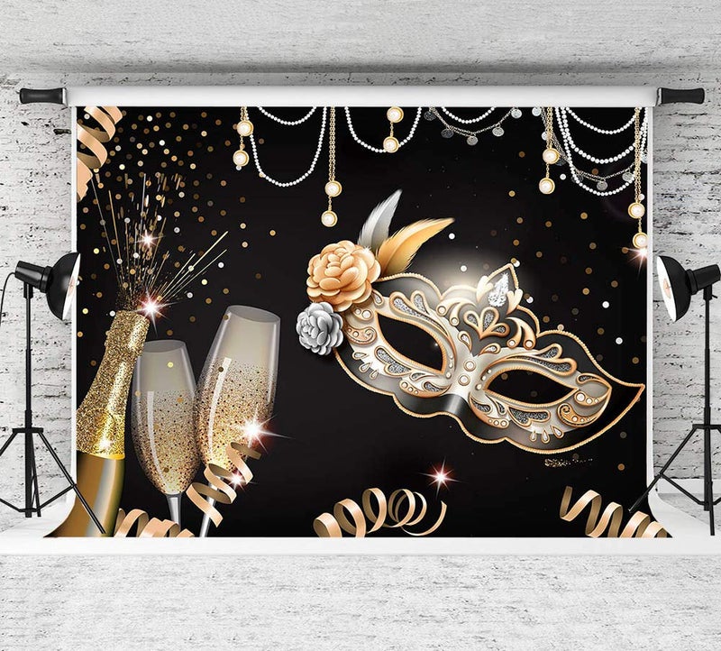 Qian Masquerade Party Backdrops Retro Gold Black Mask Carnival Birthday Photography Backdrop 7x5ft Vinyl Fiesta Dance Photo Background Champagne Glass Photo Booths Props Decorations - Image 3