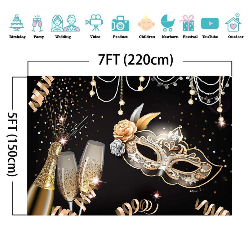 Qian Masquerade Party Backdrops Retro Gold Black Mask Carnival Birthday Photography Backdrop 7x5ft Vinyl Fiesta Dance Photo Background Champagne Glass Photo Booths Props Decorations - Image 4
