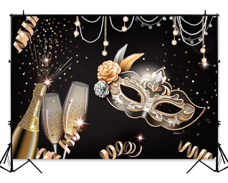 Qian Masquerade Party Backdrops Retro Gold Black Mask Carnival Birthday Photography Backdrop 7x5ft Vinyl Fiesta Dance Photo Background Champagne Glass Photo Booths Props Decorations - Image 5