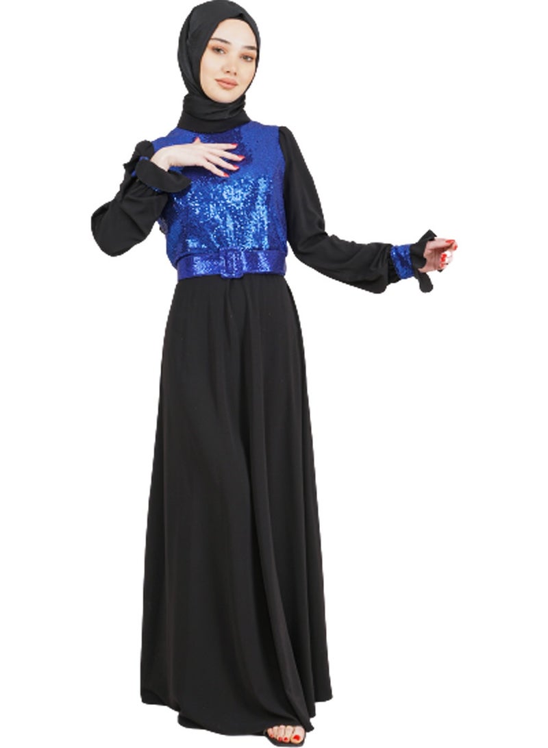 Lamora Women's Long Dress with a Sparkly Top and a belt Sequined Evening, for a special occasion Royal Blue - Image 1