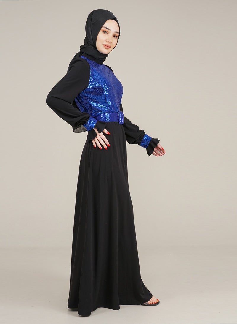 Lamora Women's Long Dress with a Sparkly Top and a belt Sequined Evening, for a special occasion Royal Blue - Image 2