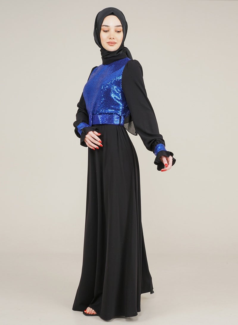 Lamora Women's Long Dress with a Sparkly Top and a belt Sequined Evening, for a special occasion Royal Blue - Image 3