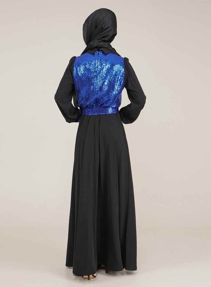 Lamora Women's Long Dress with a Sparkly Top and a belt Sequined Evening, for a special occasion Royal Blue - Image 5