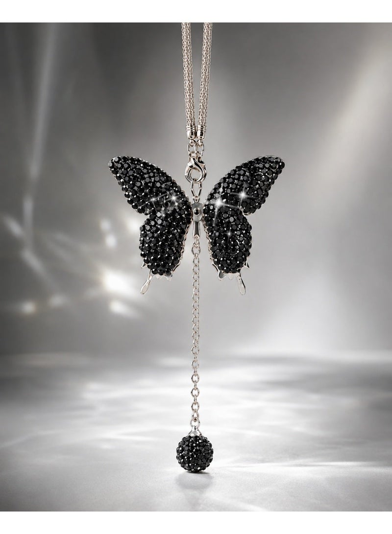 Car Decoration Shiny Black Butterfly Design – Elegant Feminine Car Accessory – Rearview Mirror Hanging Ornament - Image 1