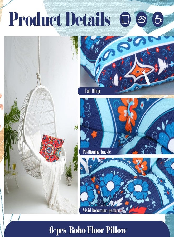 Menkxi 6 Pcs Meditation Floor Pillow 15 Inch Boho Pillows Seating Bohemian Square Floor Pillow Floor Pouf Lounge Pillows for Floor for Room Balcony Office Tatami (Classic Pattern) - Image 3