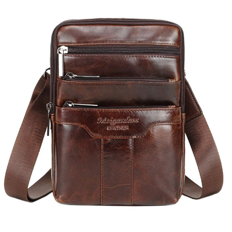 Hebetag Small Leather Sling Shoulder Bag Messenger Pack for Men Women Travel Business Crossbody Pouch Phone Wallet Satchel Pocket Camping Casual Daypack  - Image 1