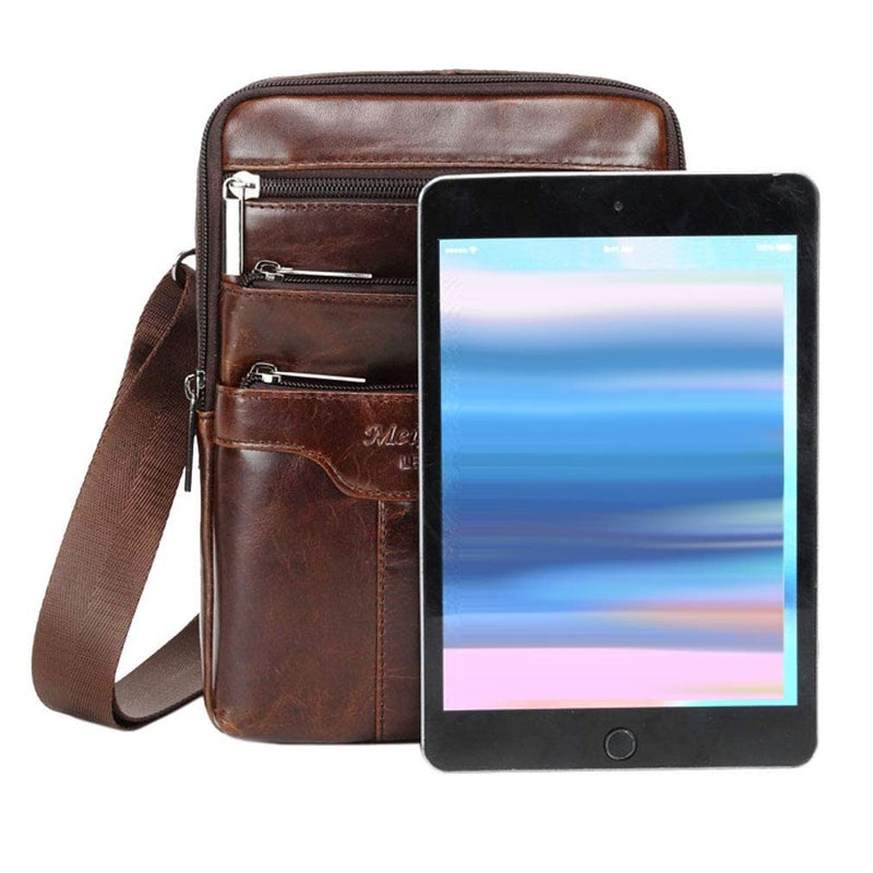 Hebetag Small Leather Sling Shoulder Bag Messenger Pack for Men Women Travel Business Crossbody Pouch Phone Wallet Satchel Pocket Camping Casual Daypack  - Image 2