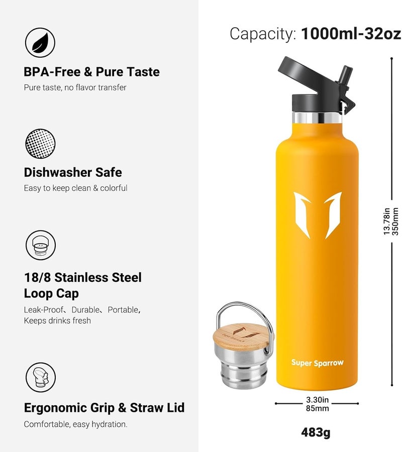Water Bottle Stainless Steel - 1000ml - Vacuum Insulated Metal Water Bottle - Standard Mouth Flask - BPA Free - Straw Water Bottle for Work, Gym, Travel, Sports - Image 3