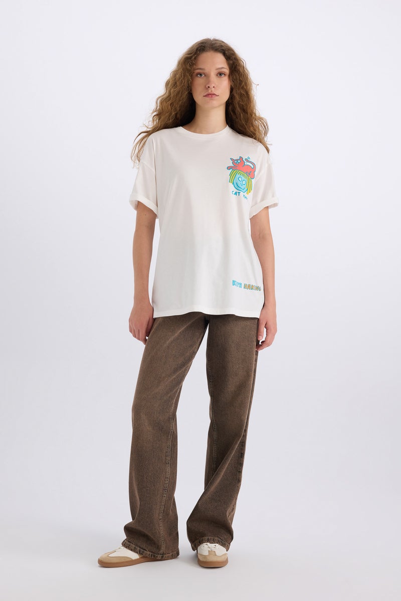 DeFacto White Woman Keith Haring Oversize Crew Neck Back Printed T-Shirt Casual - Image 2