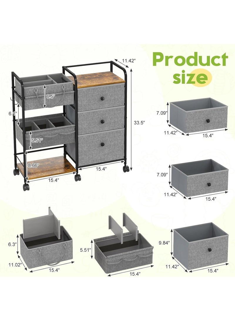 فورثكان عربة تنظيم للرضّع بـ 3 طبقات مع عجلات، مزودة بـ 3 أدراج ورفوف وحقيبة جانبية، عربة تخزين متعددة الاستخدام لغرفة النوم أو غرفة الطفل، رمادي، ‎82×29×85 سم - Image 2