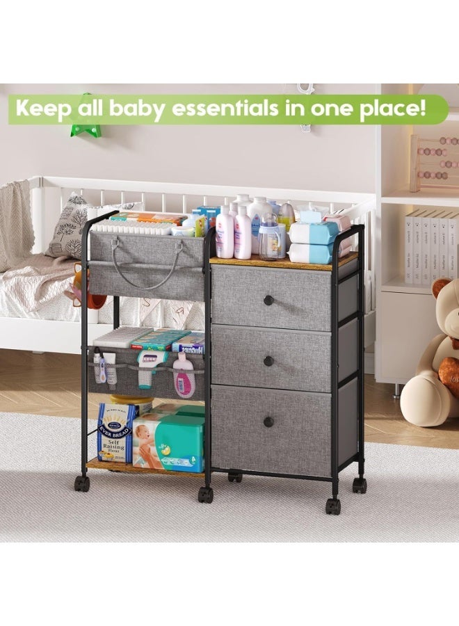 فورثكان عربة تنظيم للرضّع بـ 3 طبقات مع عجلات، مزودة بـ 3 أدراج ورفوف وحقيبة جانبية، عربة تخزين متعددة الاستخدام لغرفة النوم أو غرفة الطفل، رمادي، ‎82×29×85 سم - Image 3