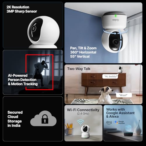 Qubo Smart 360° 3MP [2K] CCTV Camera | Wi-Fi Indoor Home Security Cam | STQC Certified | AI Person Detection | Automatic Alarm | App Alerts | NightPulse Vision | SD & Cloud Storage | Made in India - Image 2