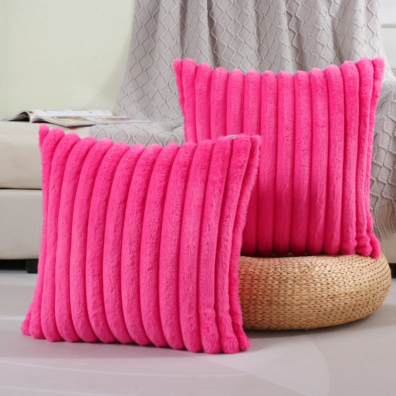 FUTEI Hot Pink Striped Decorative Throw Pillow Covers 20x20 Inch Set of 2Square Spring Decorations Couch Pillow CaseSoft Cozy Faux Rabbit Fur  Velvet BackModern Home Decor for Bed