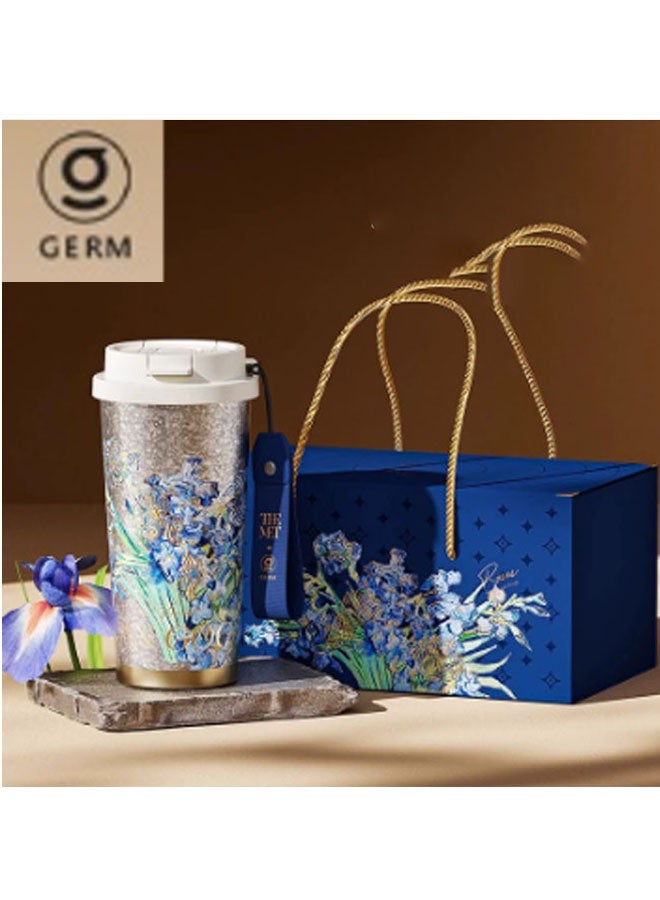 GERM Iris - 500ml high-design pure titanium water bottle, lightweight portable camping flask for outdoor adventures and travel. Dimensions with lid: 18.5 x 9.6cm, weight: 280g. Provides 12-hour thermal retention. Suitable for drinking water, tea, coffee, smoothies, or juice. Ideal as a business cup, travel companion, or gift. (Colourful) - Image 1