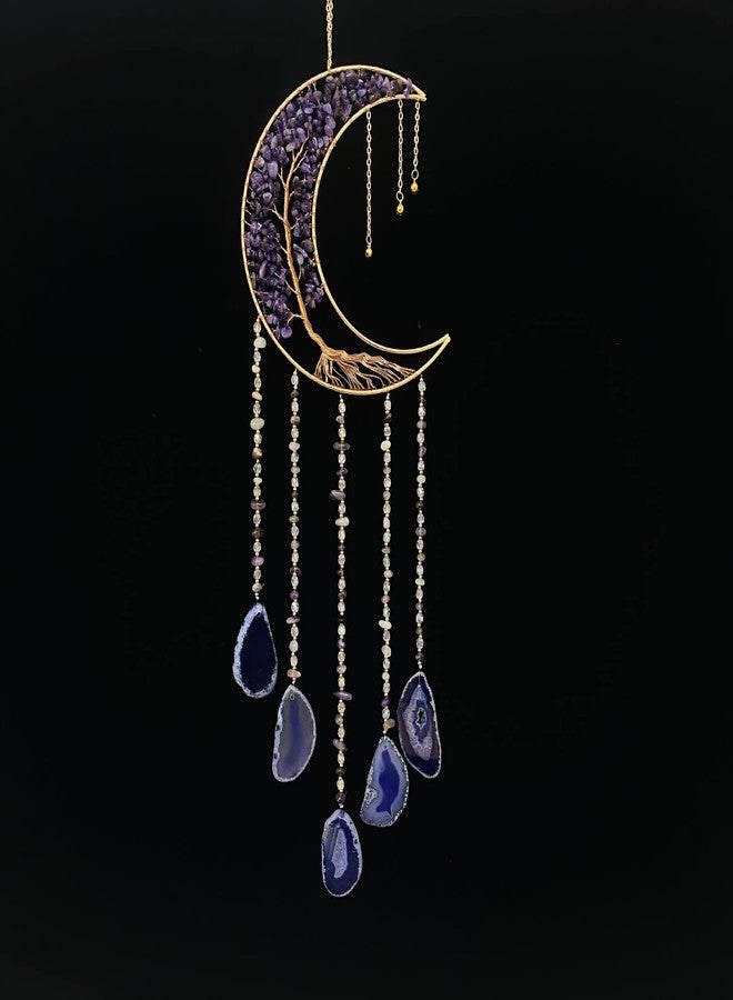 Dreamsum Agate Moon Dream Catchers with Crystal 7 Chakra Gemstone Dream Catchers Color Natural Gem Agate Wall Hangings Room Garden Dreamcatchers Decor (Purple) - Image 4
