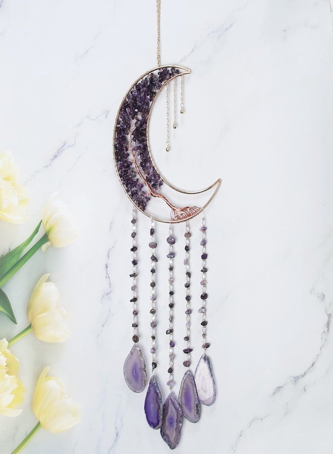 Dreamsum Agate Moon Dream Catchers with Crystal 7 Chakra Gemstone Dream Catchers Color Natural Gem Agate Wall Hangings Room Garden Dreamcatchers Decor (Purple) - Image 5