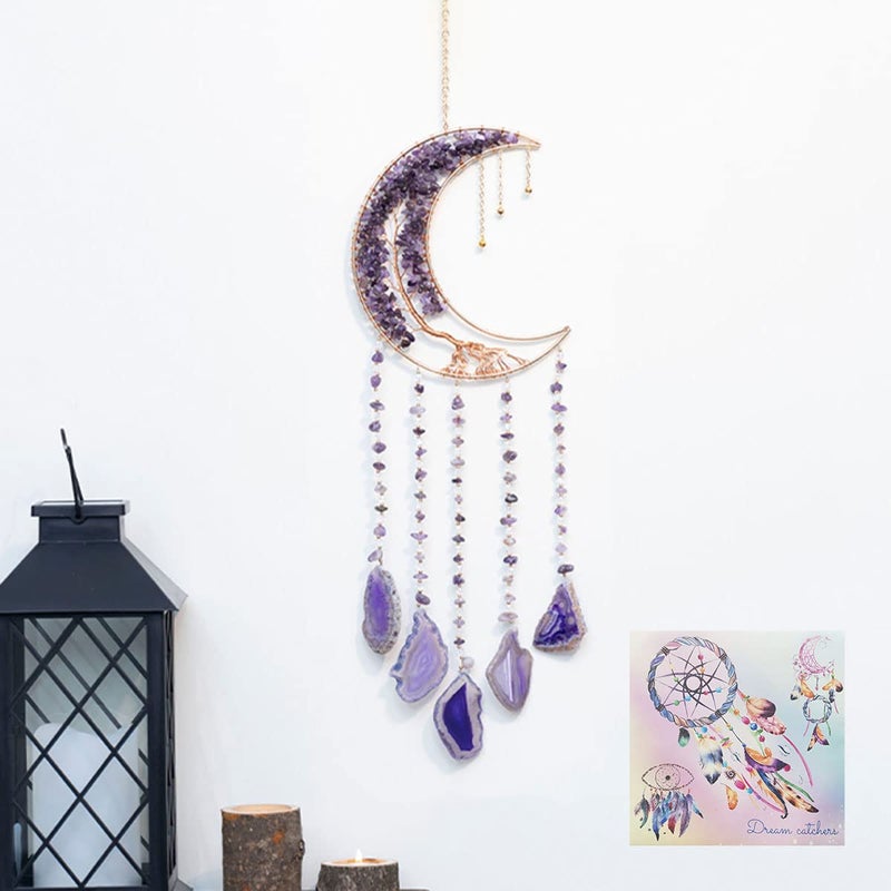 Dreamsum Agate Moon Dream Catchers with Crystal 7 Chakra Gemstone Dream Catchers Color Natural Gem Agate Wall Hangings Room Garden Dreamcatchers Decor (Purple) - Image 1
