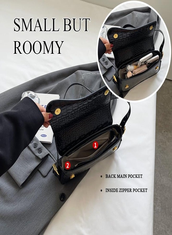 HitTopss 2025 Small Shoulder Bag Y2K Purse for Women, Crocodile Clutch Purse Handbag Satchel Tote Bag Classic Retro Crossbody Bag (Black) - Image 2