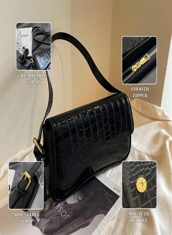 HitTopss 2025 Small Shoulder Bag Y2K Purse for Women, Crocodile Clutch Purse Handbag Satchel Tote Bag Classic Retro Crossbody Bag (Black) - Image 4