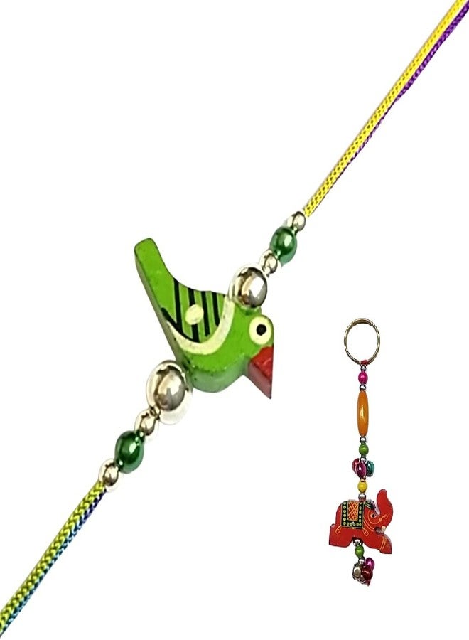 KRISHNA Rakhi for brother bhaiya kids designer for rakshabandhan with wooden bird rakhi and Wooden Elephant Key chain as Gift