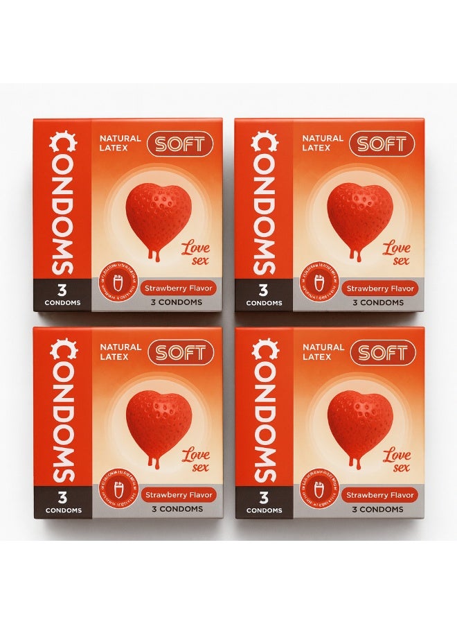 واقي ذكري بنكهة الفراولة – لاتكس طبيعي – 4 علب × كل علبة تحتوي 3 قطع (إجمالي 12 قطعة)