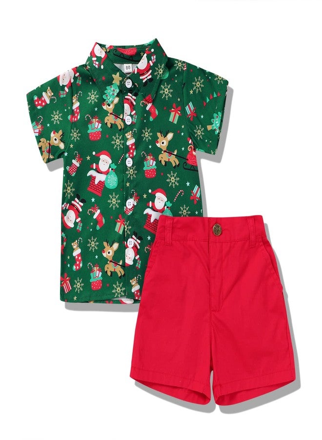 JEELLIGULAR Kids Toddler Baby Boy Christmas Clothes Santa Print Button Down Shirt Shorts Set Gentlemen Outfits for Boys 1-6 Years (Green, 3-4T) - Image 1
