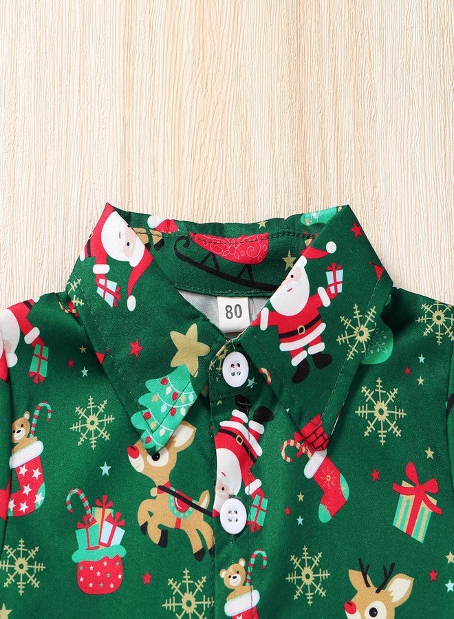 JEELLIGULAR Kids Toddler Baby Boy Christmas Clothes Santa Print Button Down Shirt Shorts Set Gentlemen Outfits for Boys 1-6 Years (Green, 3-4T) - Image 5