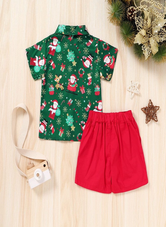 JEELLIGULAR Kids Toddler Baby Boy Christmas Clothes Santa Print Button Down Shirt Shorts Set Gentlemen Outfits for Boys 1-6 Years (Green, 3-4T) - Image 2