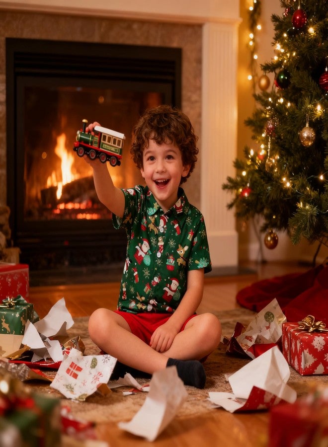 JEELLIGULAR Kids Toddler Baby Boy Christmas Clothes Santa Print Button Down Shirt Shorts Set Gentlemen Outfits for Boys 1-6 Years (Green, 3-4T) - Image 4